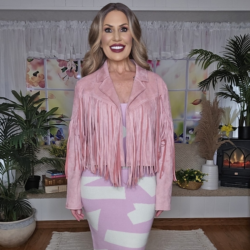 Faux Suede Fringe Jacket (Mauve/Pink)